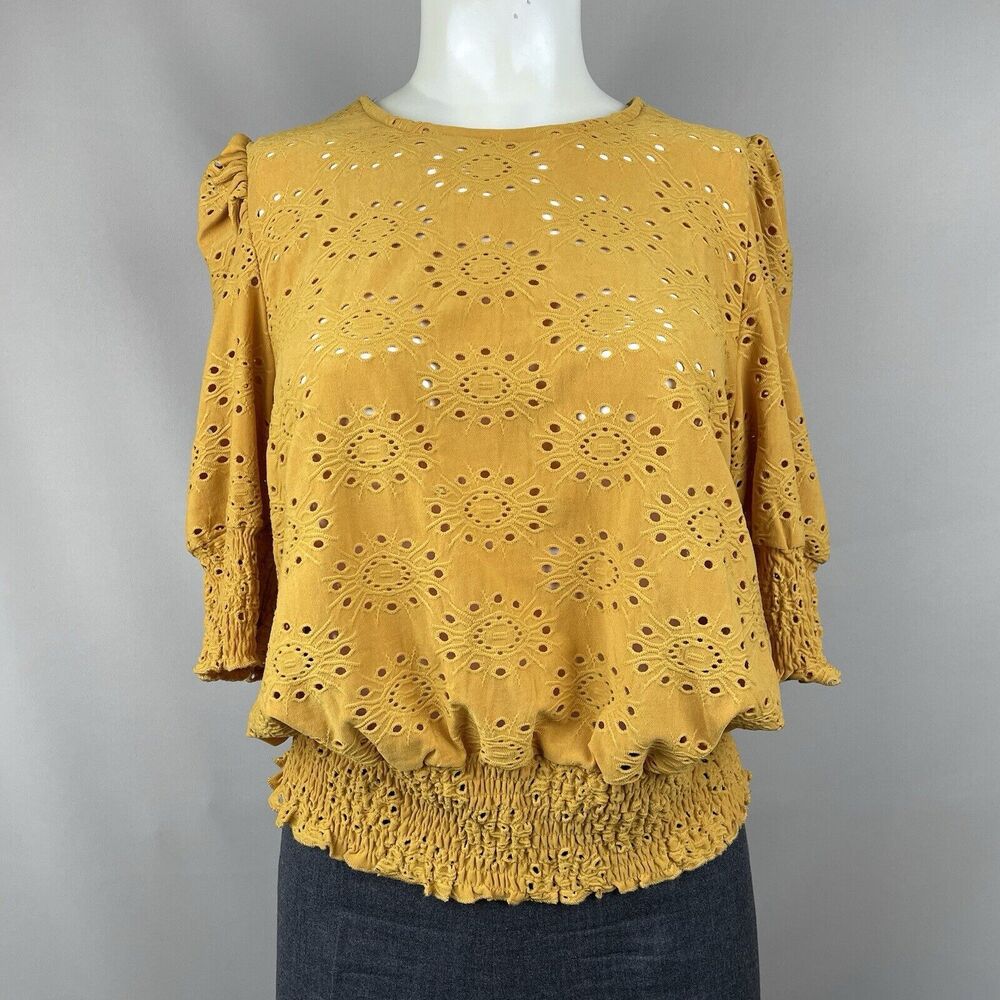 Lark and Grey Eyelet Blouse/Top Women's XL Yellow Cottage Fairy Modern Boho